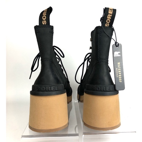 Sorel Waterproof Hi Line Leather Black Lace Up Lug Heel Ankle Boots Sz 7.5 - NEW - Picture 3 of 7